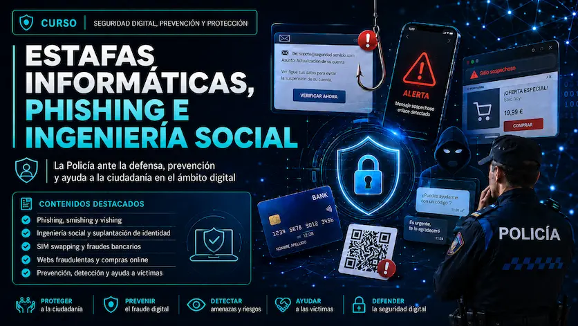 Portada del curso Estafas informáticas, phishing e ingeniería social aplicadas al ámbito policial
