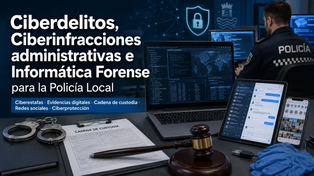 Portada del curso Ciberdelitos, Ciberinfracciones administrativas e Informática Forense para la Policía Local