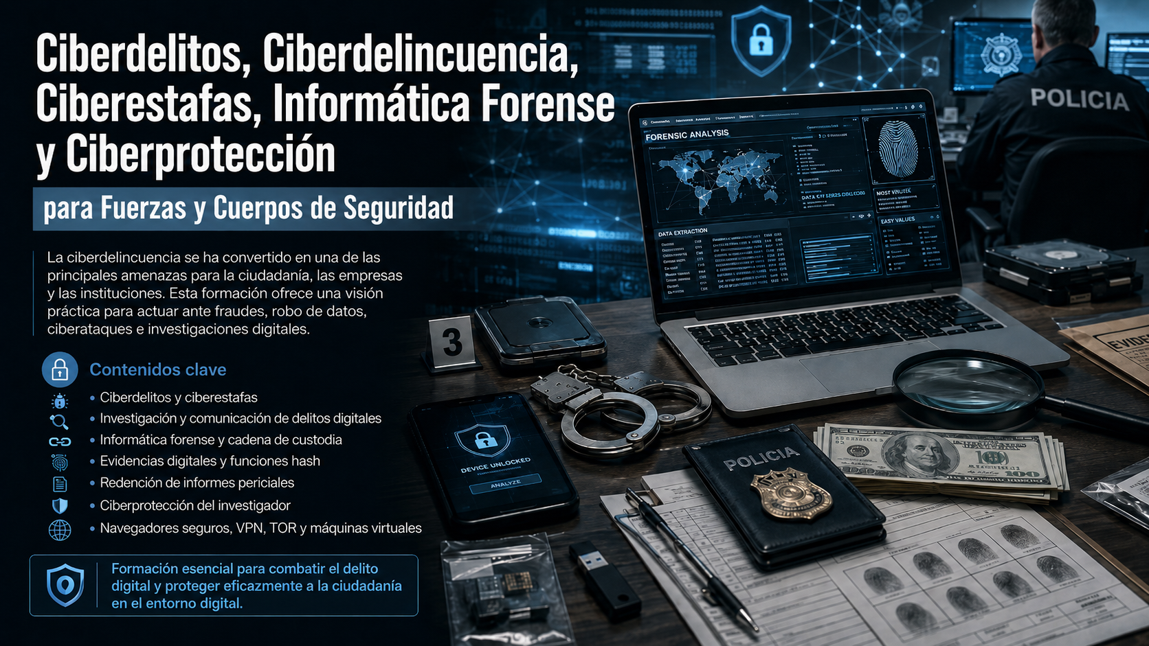 Portada del curso Ciberdelitos, Ciberdelincuencia, Ciberestafas, Informática Forense y Ciberprotección para Fuerzas y Cuerpos de Seguridad